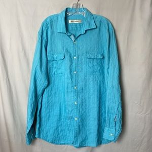 Tommy Bahama Mens Large Shirt Linen Cotton Long Roll Up Sleeves Blue Button Down